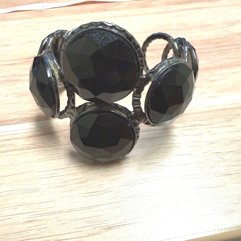 Vintage Black Faceted Stone Gunmetal Statement Cuff Bracelet Industrial Gothic